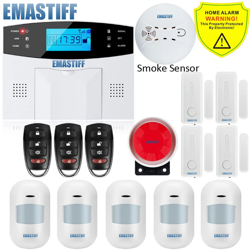 NEW Built-in antenna Door Gap Sensor PIR Motion Detector Wireless LCD GSM SIM card House security Alarm system Smoke Flash Siren