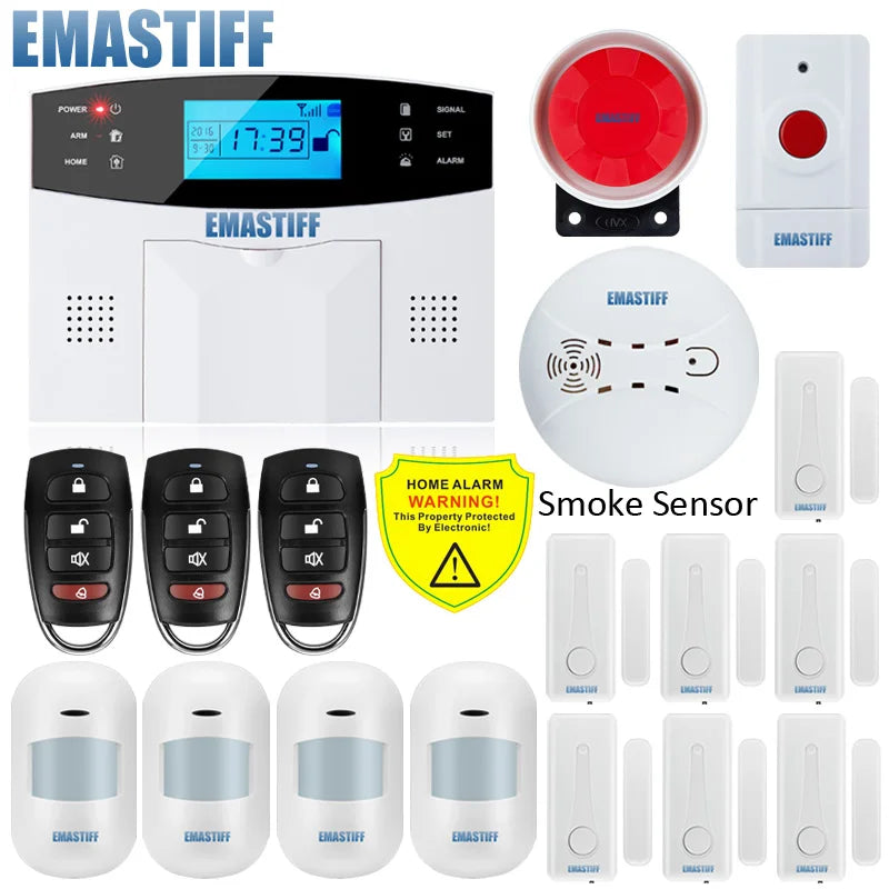 NEW Built-in antenna Door Gap Sensor PIR Motion Detector Wireless LCD GSM SIM card House security Alarm system Smoke Flash Siren