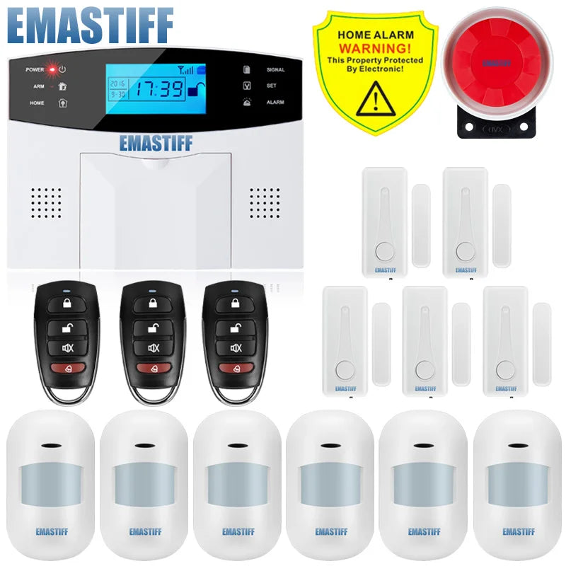 NEW Built-in antenna Door Gap Sensor PIR Motion Detector Wireless LCD GSM SIM card House security Alarm system Smoke Flash Siren
