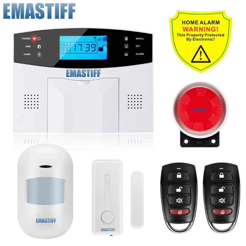 NEW Built-in antenna Door Gap Sensor PIR Motion Detector Wireless LCD GSM SIM card House security Alarm system Smoke Flash Siren