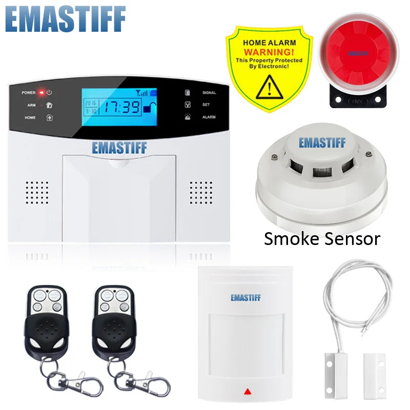 NEW Built-in antenna Door Gap Sensor PIR Motion Detector Wireless LCD GSM SIM card House security Alarm system Smoke Flash Siren