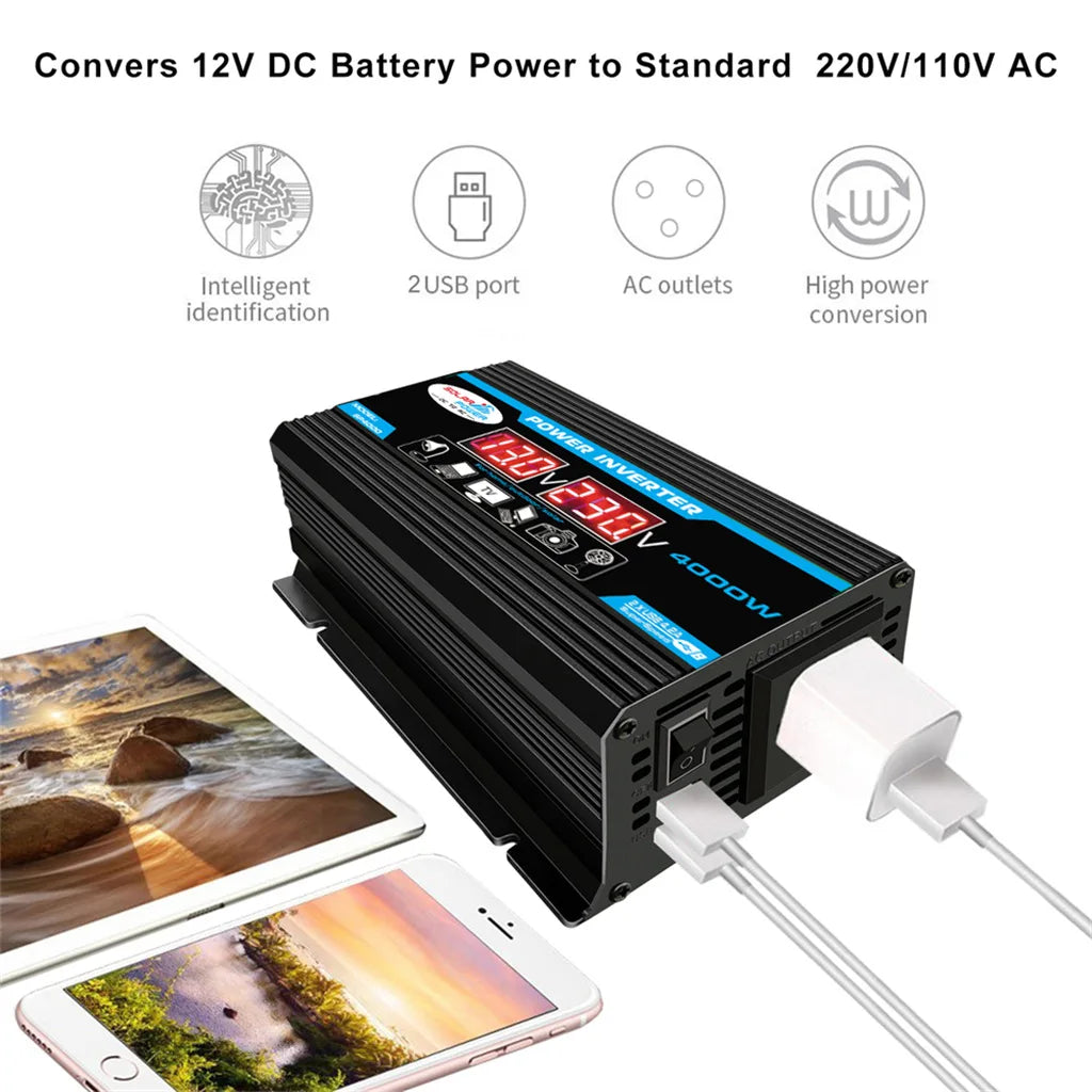 4000W Power Inverter 12V/220V Modified Sine Wave Smart Inverter DC 12V to AC 220V Transformer Power Supply Converter Car Inverte