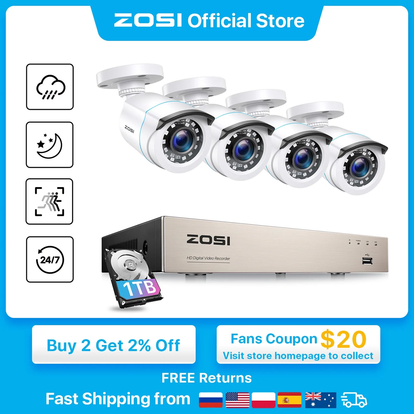 ZOSI Home Security System H.265+ 8CH DVR 4/8pcs 2.0MP 1080p Night Vision Outdoor Surveillance Waterproof Camera Kits