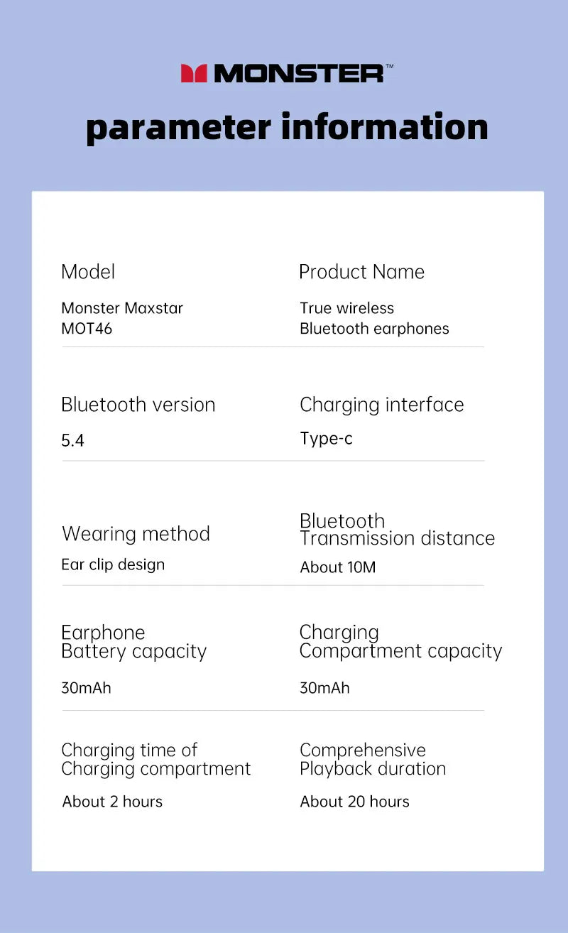 Monster MQT46 TWS Bluetooth Earclip Stereo Sports Music Headphones With High Fidelity Sound Quality And High Definition Call Wit