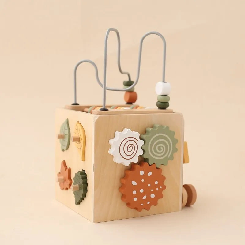 5-in-1 Wooden Activity Cube Game Center Bead Maze Leaf Shape Classifier Learning Montessori Toys 1-3 Early Childhood Education