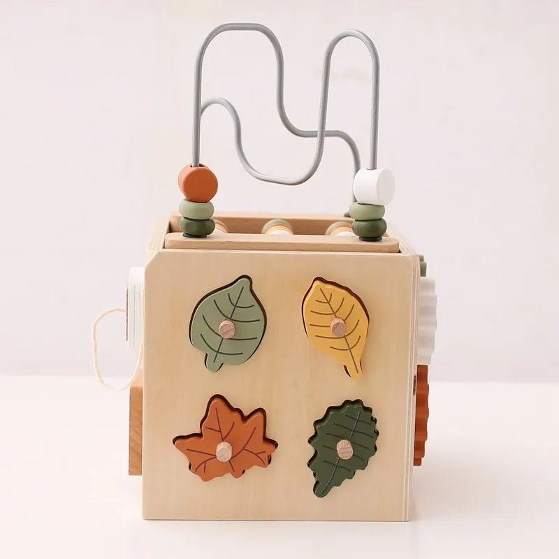 5-in-1 Wooden Activity Cube Game Center Bead Maze Leaf Shape Classifier Learning Montessori Toys 1-3 Early Childhood Education