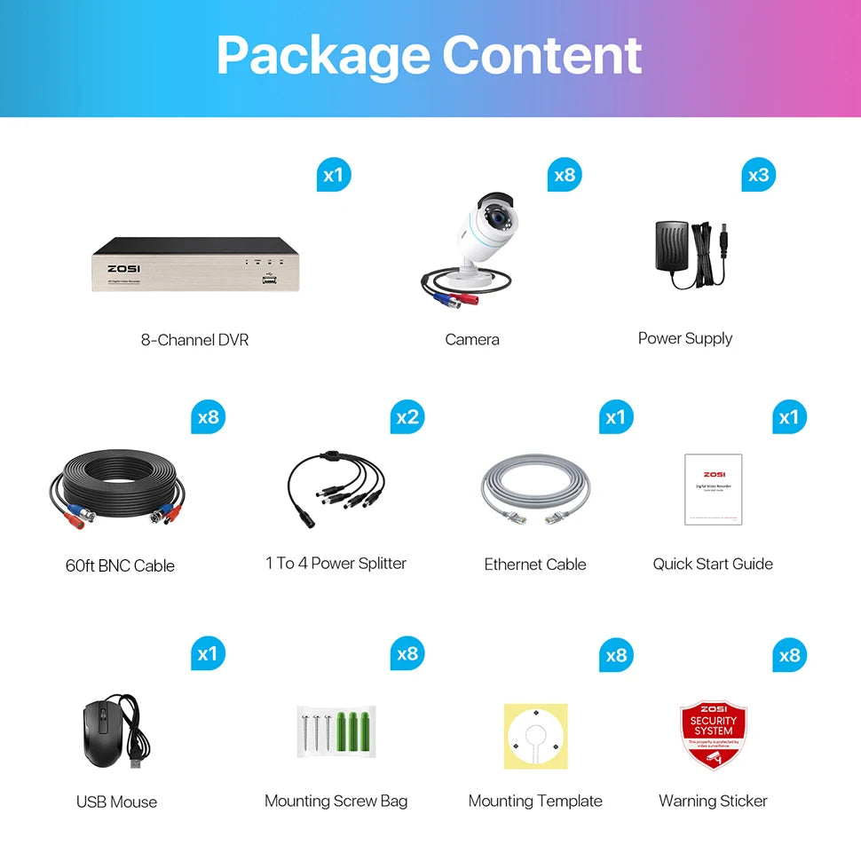 ZOSI Home Security System H.265+ 8CH DVR 4/8pcs 2.0MP 1080p Night Vision Outdoor Surveillance Waterproof Camera Kits
