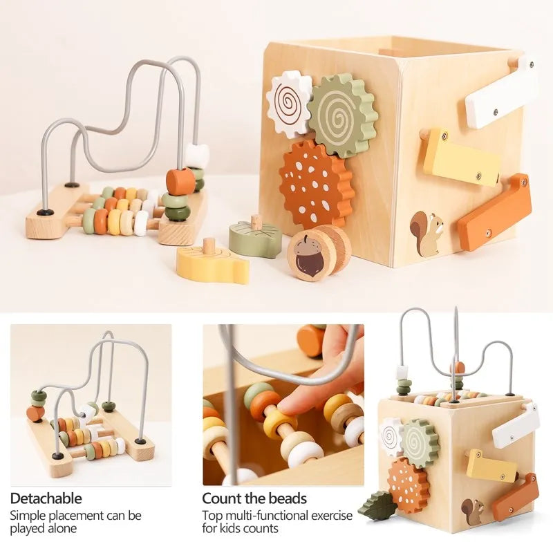 5-in-1 Wooden Activity Cube Game Center Bead Maze Leaf Shape Classifier Learning Montessori Toys 1-3 Early Childhood Education