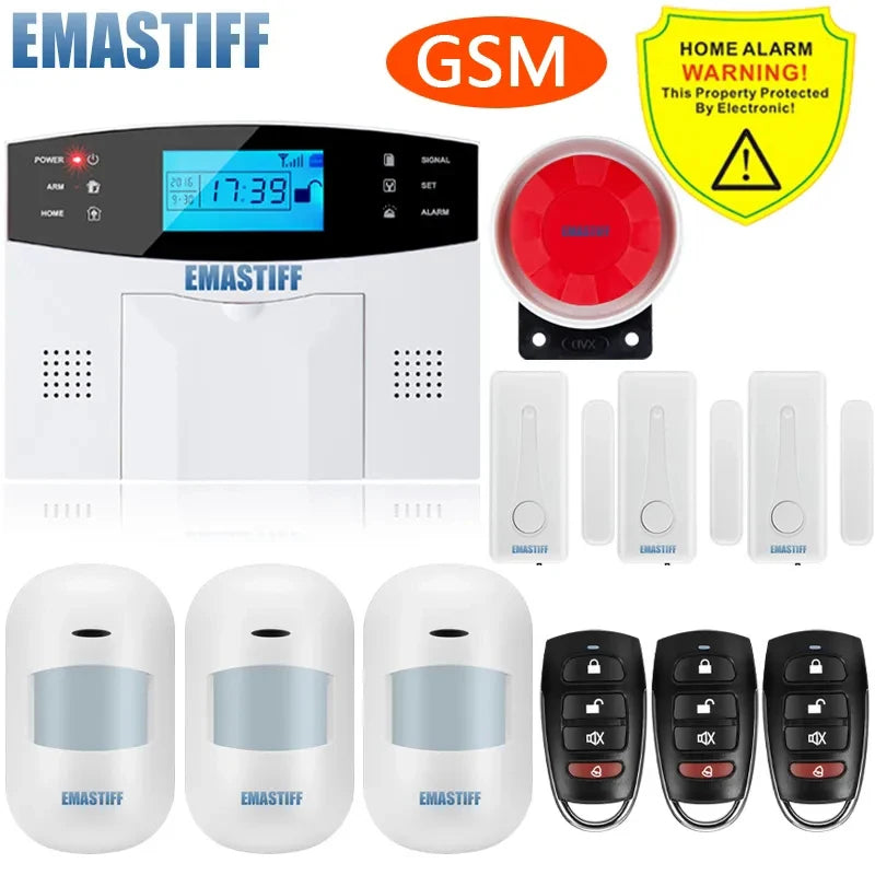 NEW Built-in antenna Door Gap Sensor PIR Motion Detector Wireless LCD GSM SIM card House security Alarm system Smoke Flash Siren
