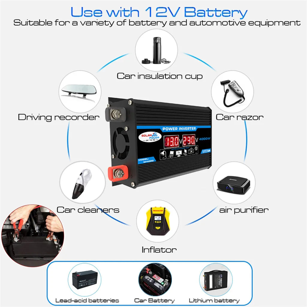 4000W Power Inverter 12V/220V Modified Sine Wave Smart Inverter DC 12V to AC 220V Transformer Power Supply Converter Car Inverte