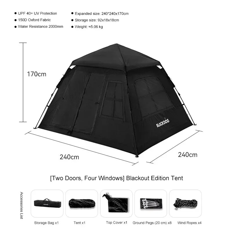 Outdoor Blackout Camping Tent Portable Rainproof Thickened Automatic Pop-Up Shelter for 3-4 People Perfect for Hiking Picnic