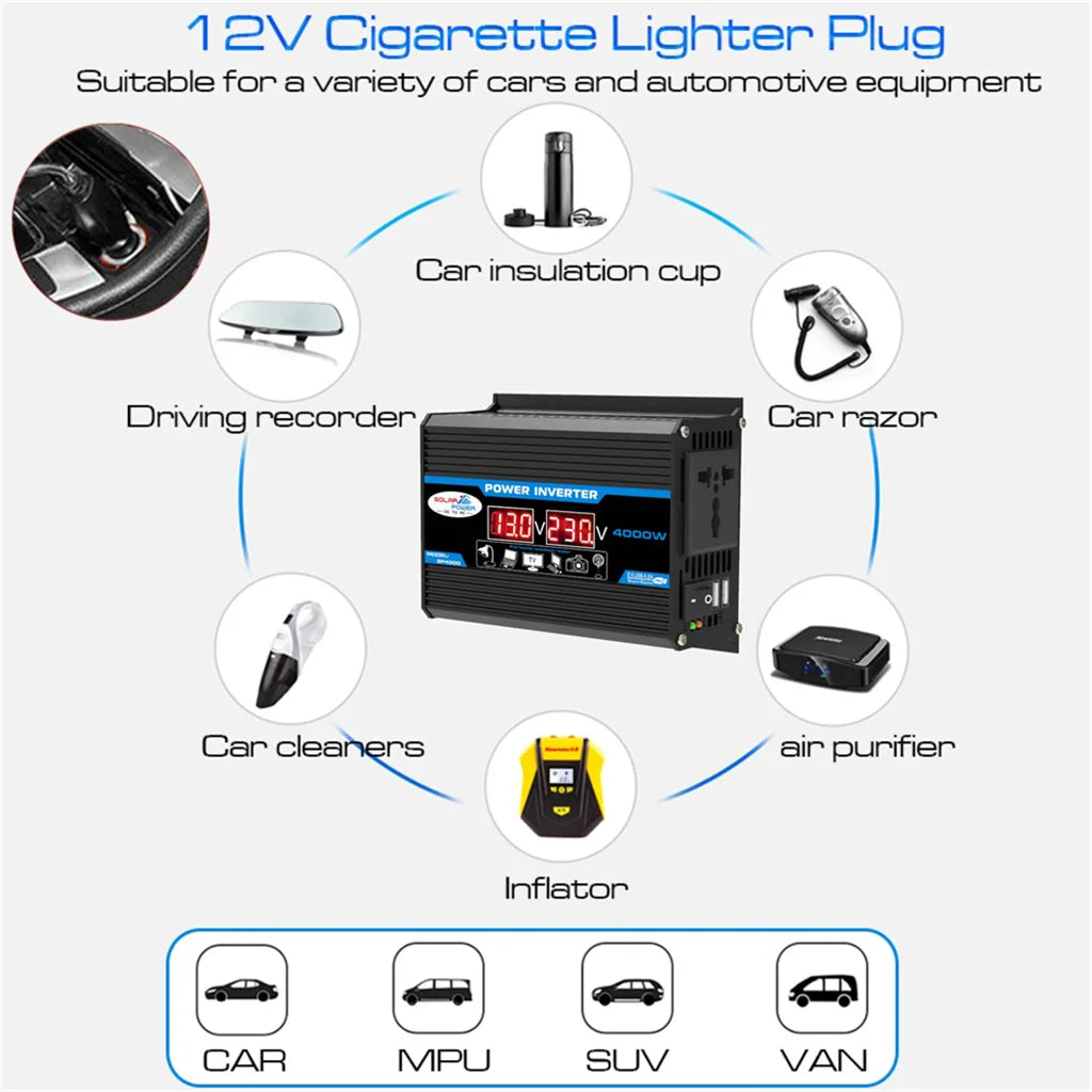 4000W Power Inverter 12V/220V Modified Sine Wave Smart Inverter DC 12V to AC 220V Transformer Power Supply Converter Car Inverte
