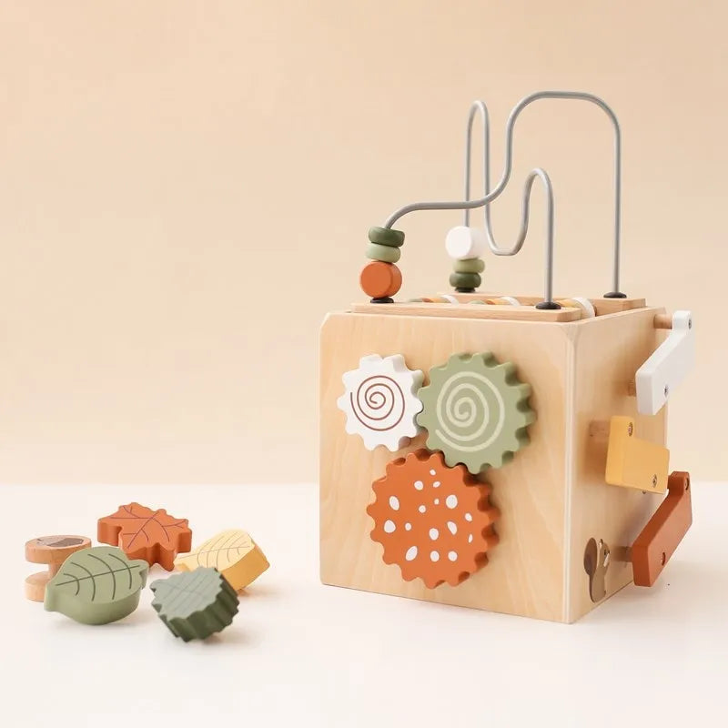 5-in-1 Wooden Activity Cube Game Center Bead Maze Leaf Shape Classifier Learning Montessori Toys 1-3 Early Childhood Education