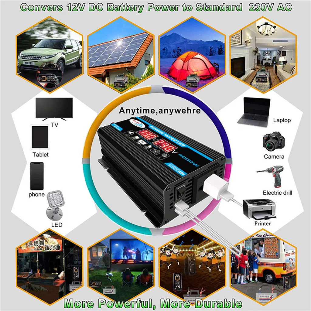 4000W Power Inverter 12V/220V Modified Sine Wave Smart Inverter DC 12V to AC 220V Transformer Power Supply Converter Car Inverte