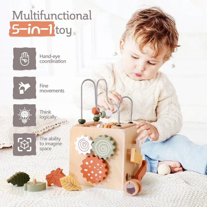 5-in-1 Wooden Activity Cube Game Center Bead Maze Leaf Shape Classifier Learning Montessori Toys 1-3 Early Childhood Education