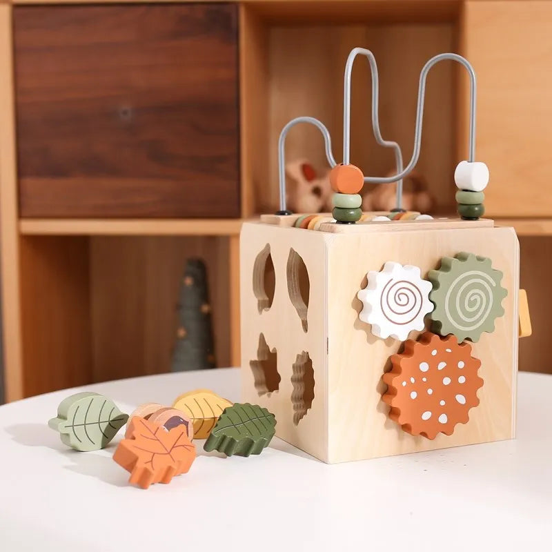 5-in-1 Wooden Activity Cube Game Center Bead Maze Leaf Shape Classifier Learning Montessori Toys 1-3 Early Childhood Education