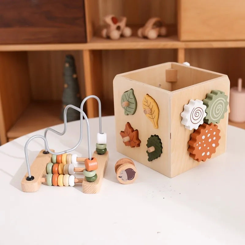 5-in-1 Wooden Activity Cube Game Center Bead Maze Leaf Shape Classifier Learning Montessori Toys 1-3 Early Childhood Education