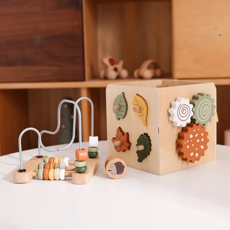5-in-1 Wooden Activity Cube Game Center Bead Maze Leaf Shape Classifier Learning Montessori Toys 1-3 Early Childhood Education