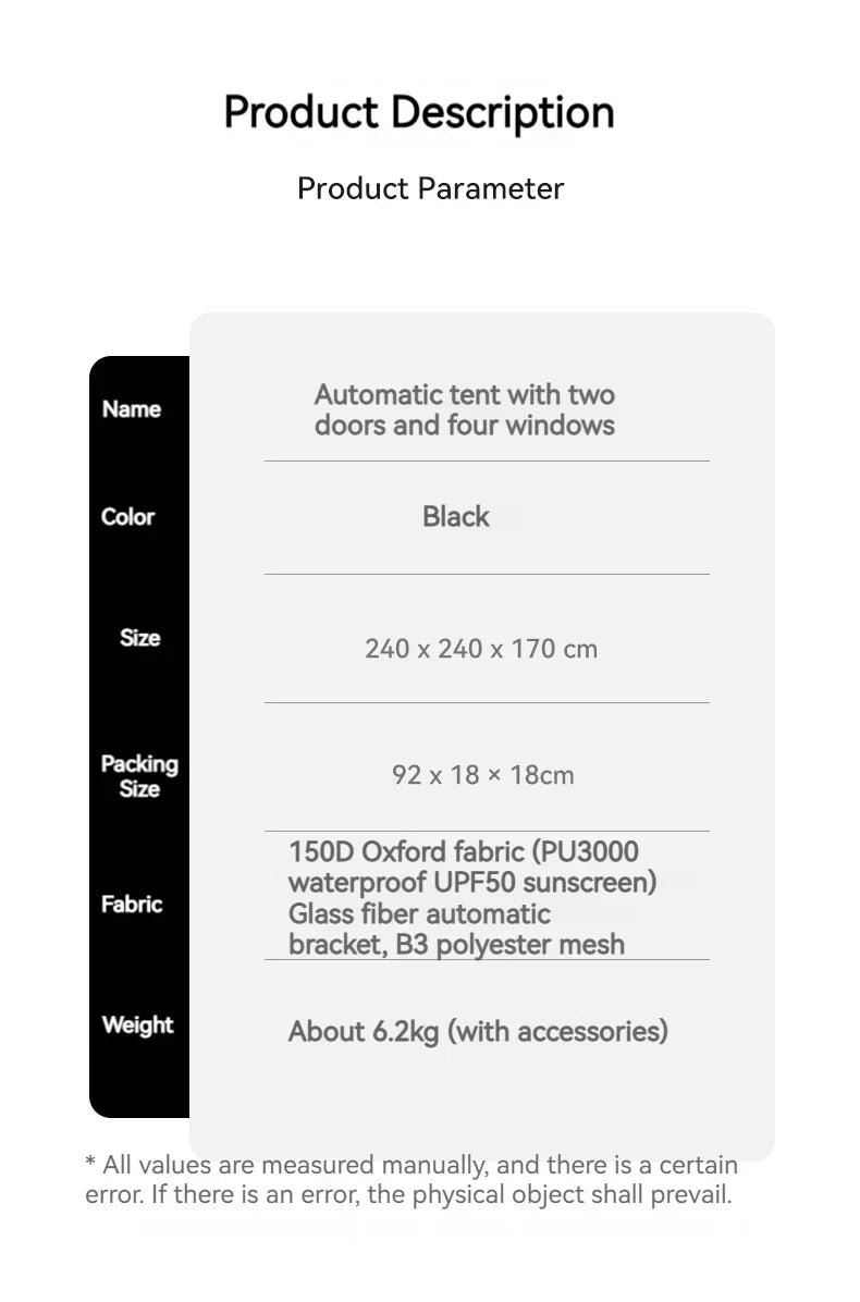 Outdoor Blackout Camping Tent Portable Rainproof Thickened Automatic Pop-Up Shelter for 3-4 People Perfect for Hiking Picnic