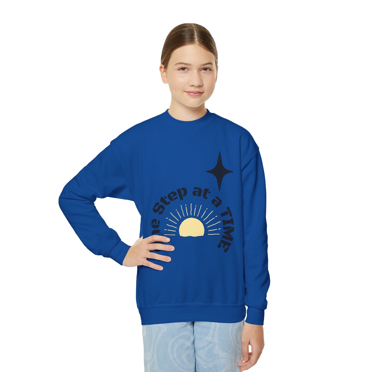 Youth Crewneck Sweatshirt — "One Step at a Time" Sunrise Graphic