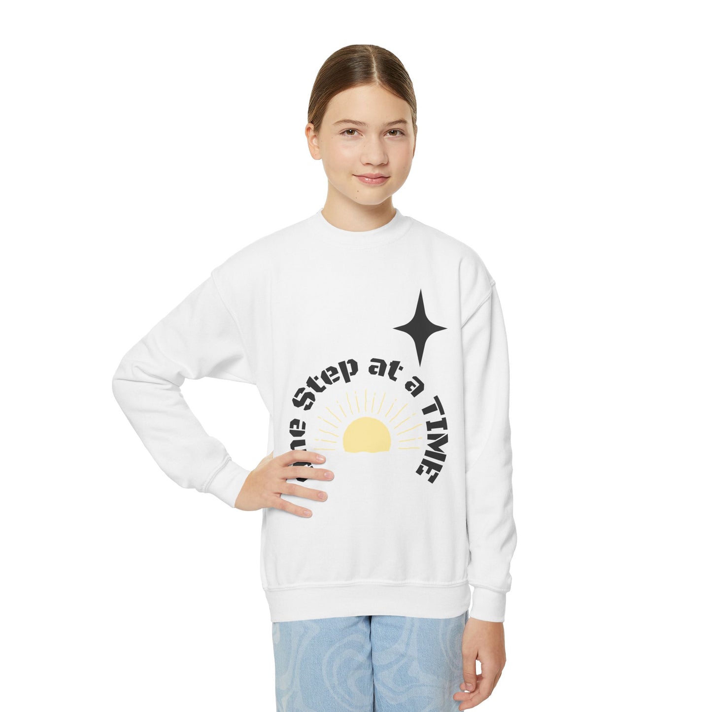 Youth Crewneck Sweatshirt — "One Step at a Time" Sunrise Graphic