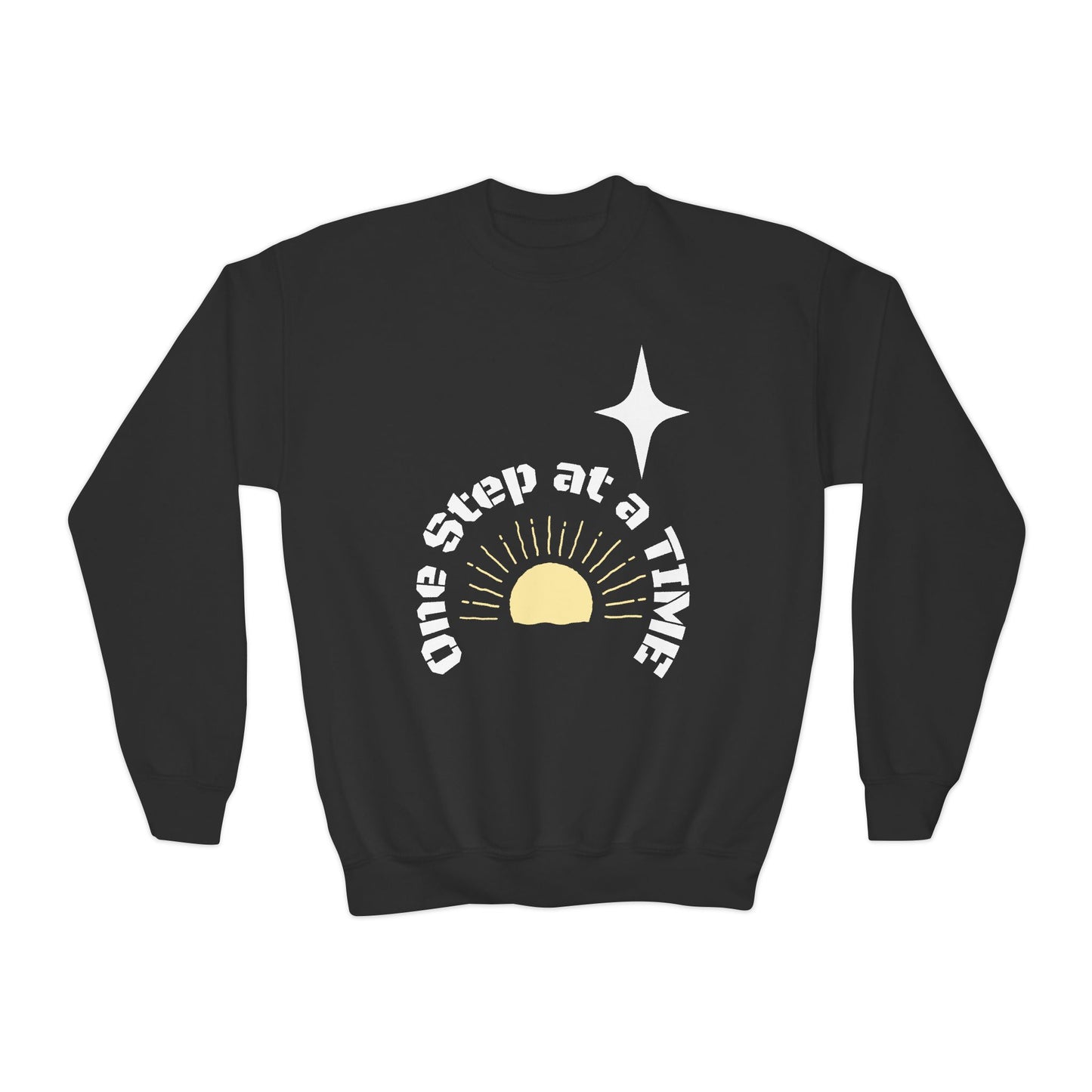 Youth Crewneck Sweatshirt — "One Step at a Time" Sunrise Graphic