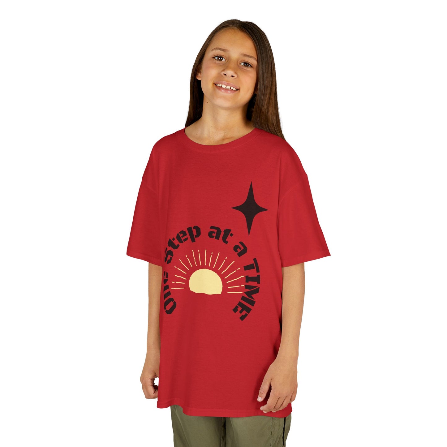 Kids Tee — “One Step at a Time” Sunrise Graphic (Positive Motivational Kids Shirt)