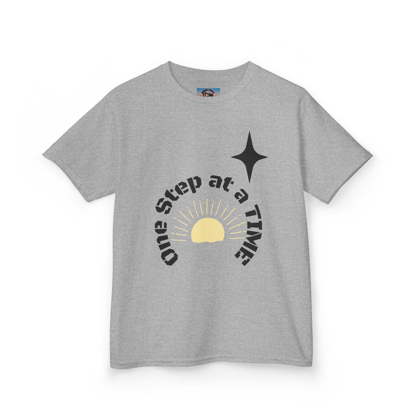 Kids Tee — “One Step at a Time” Sunrise Graphic (Positive Motivational Kids Shirt)