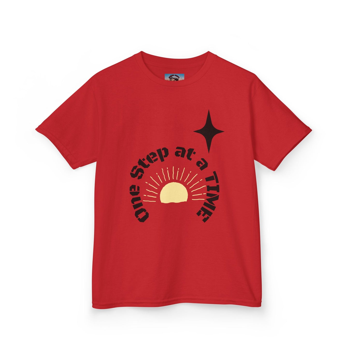 Kids Tee — “One Step at a Time” Sunrise Graphic (Positive Motivational Kids Shirt)
