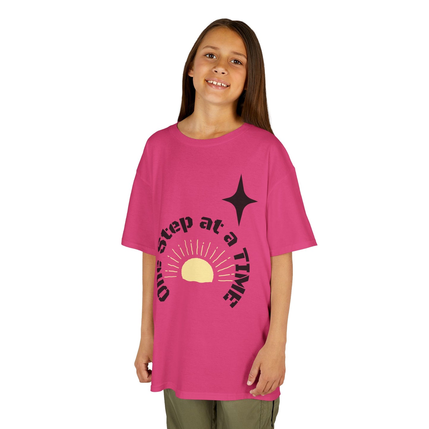 Kids Tee — “One Step at a Time” Sunrise Graphic (Positive Motivational Kids Shirt)