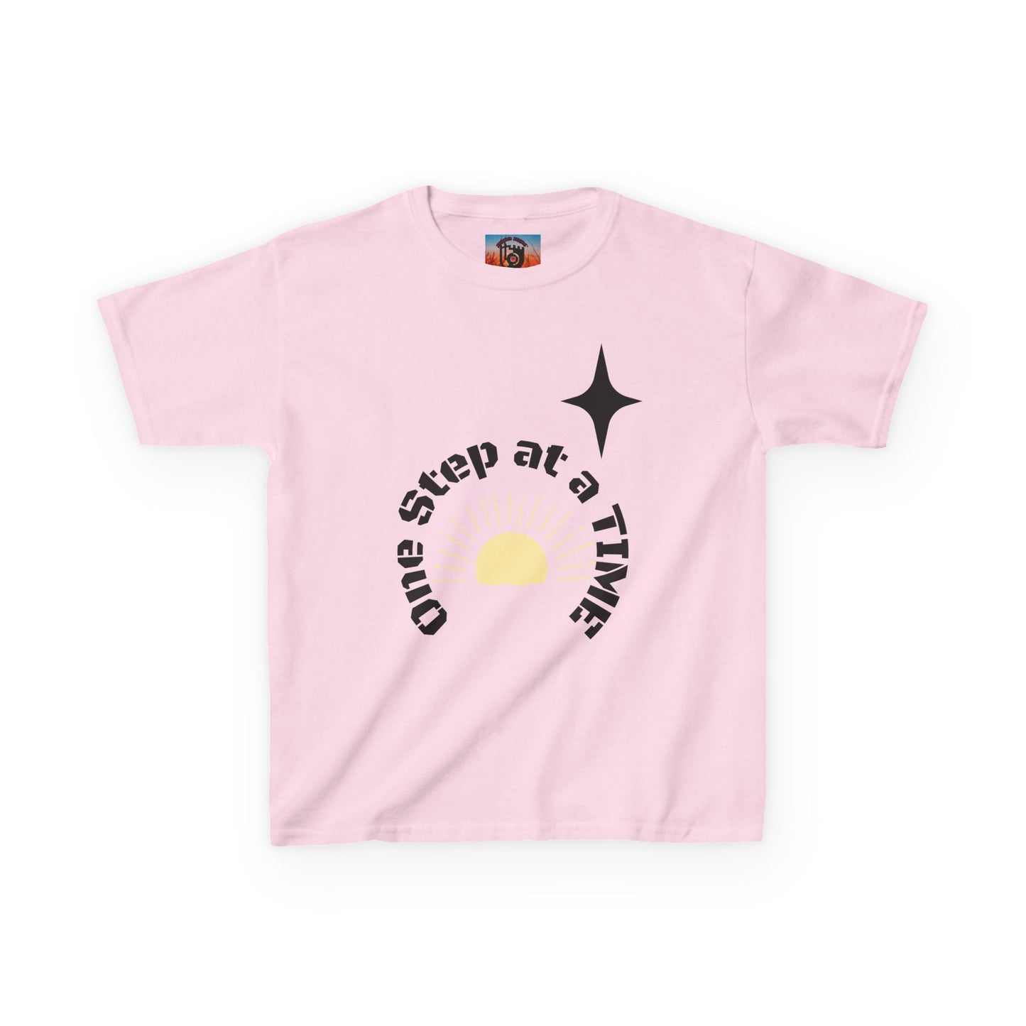 Kids Tee — “One Step at a Time” Sunrise Graphic (Positive Motivational Kids Shirt)