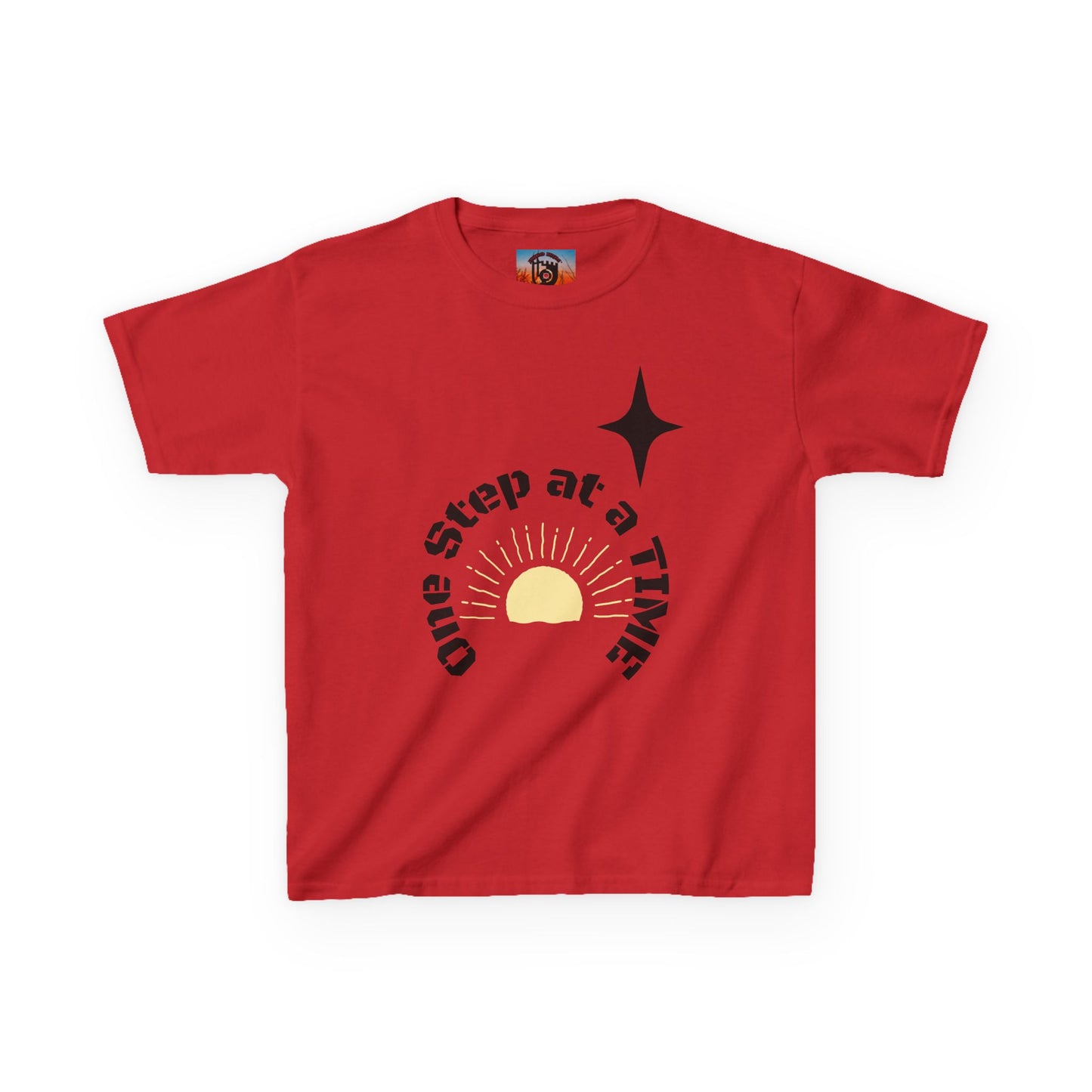 Kids Tee — “One Step at a Time” Sunrise Graphic (Positive Motivational Kids Shirt)