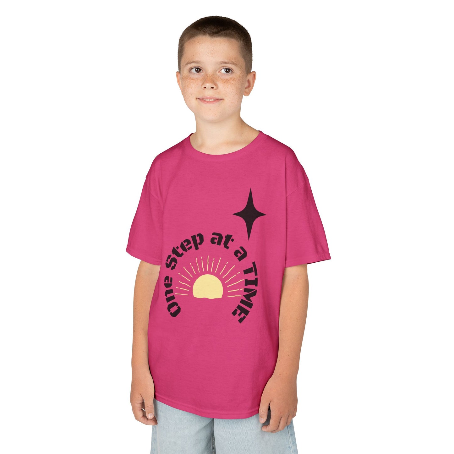 Kids Tee — “One Step at a Time” Sunrise Graphic (Positive Motivational Kids Shirt)