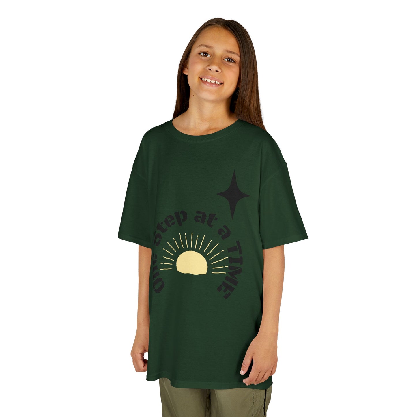 Kids Tee — “One Step at a Time” Sunrise Graphic (Positive Motivational Kids Shirt)