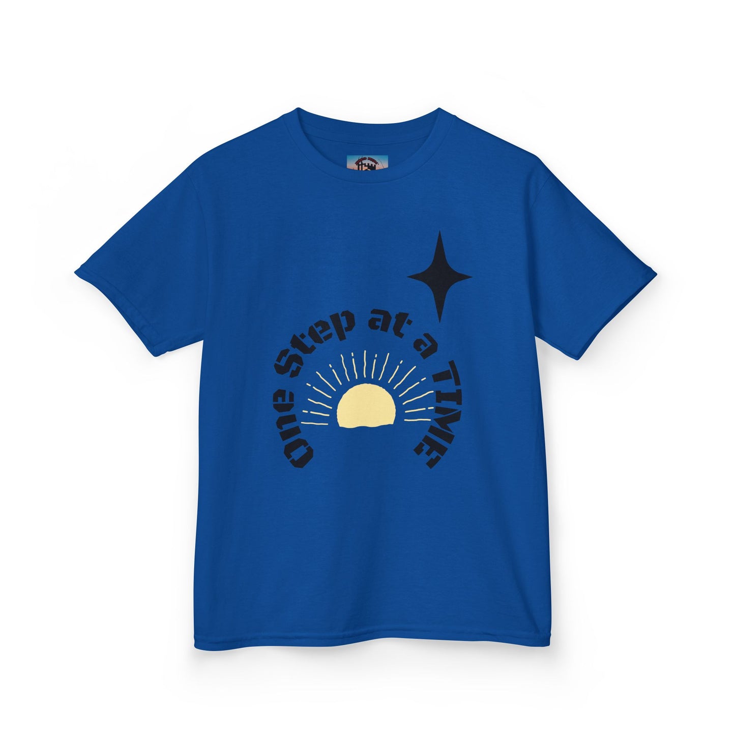 Kids Tee — “One Step at a Time” Sunrise Graphic (Positive Motivational Kids Shirt)
