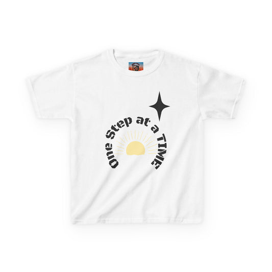 Kids Tee — “One Step at a Time” Sunrise Graphic (Positive Motivational Kids Shirt)