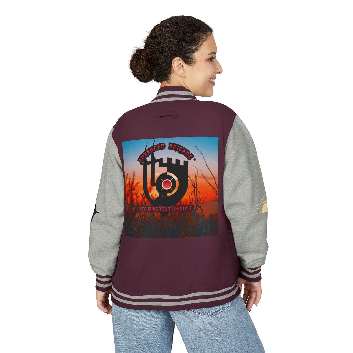 Letterman Jacket — Retro Sunset Shield Logo Varsity Jacket