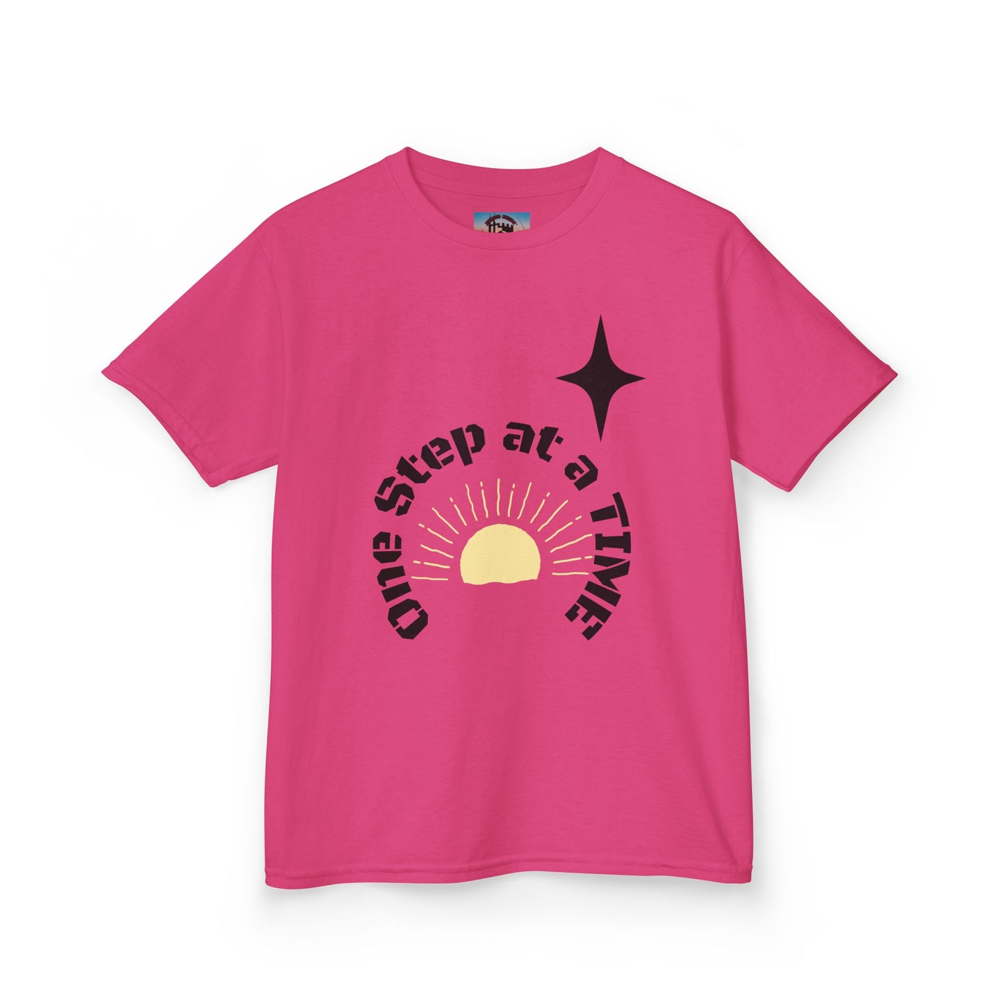 Kids Tee — “One Step at a Time” Sunrise Graphic (Positive Motivational Kids Shirt)
