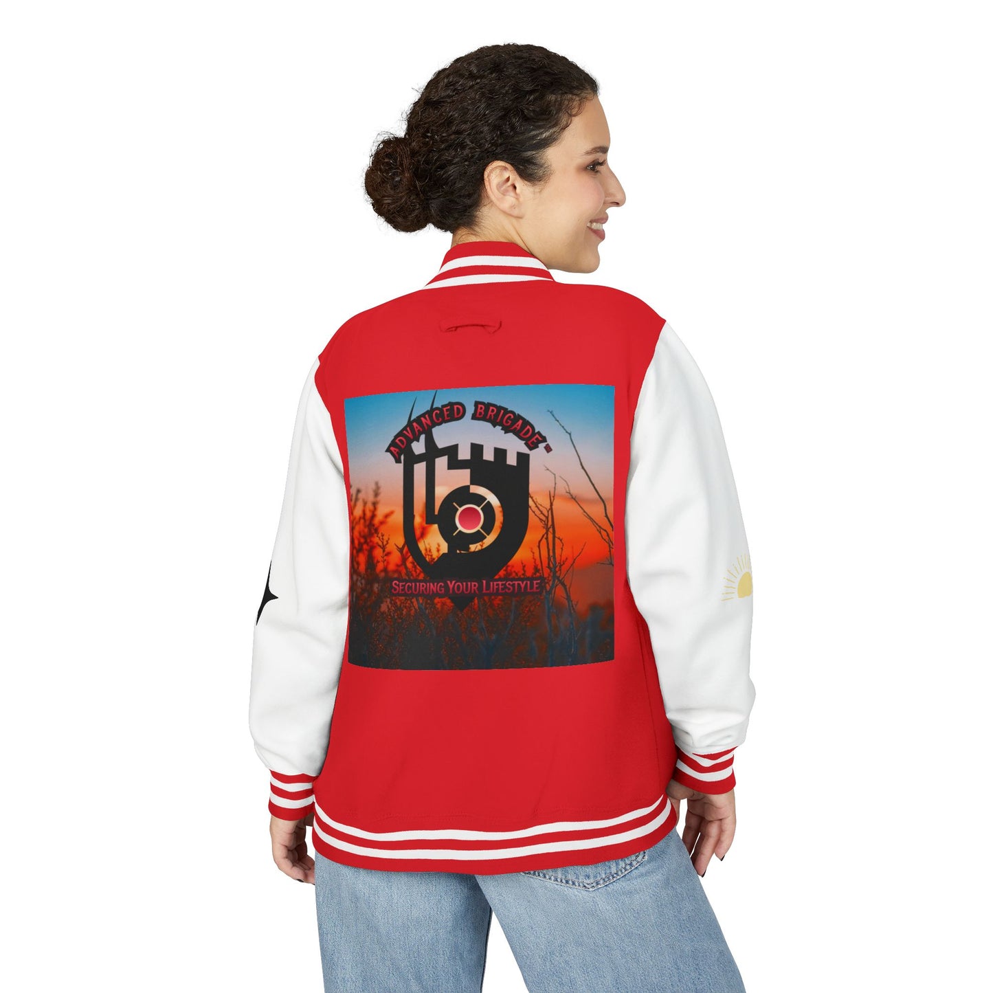 Letterman Jacket — Retro Sunset Shield Logo Varsity Jacket