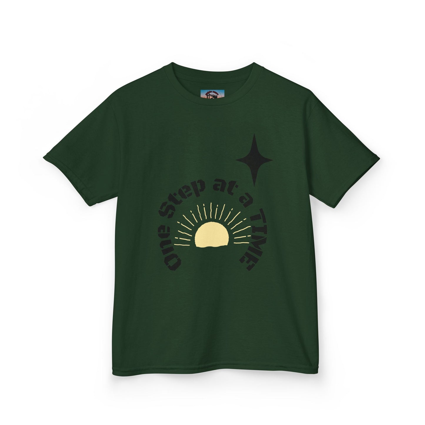 Kids Tee — “One Step at a Time” Sunrise Graphic (Positive Motivational Kids Shirt)