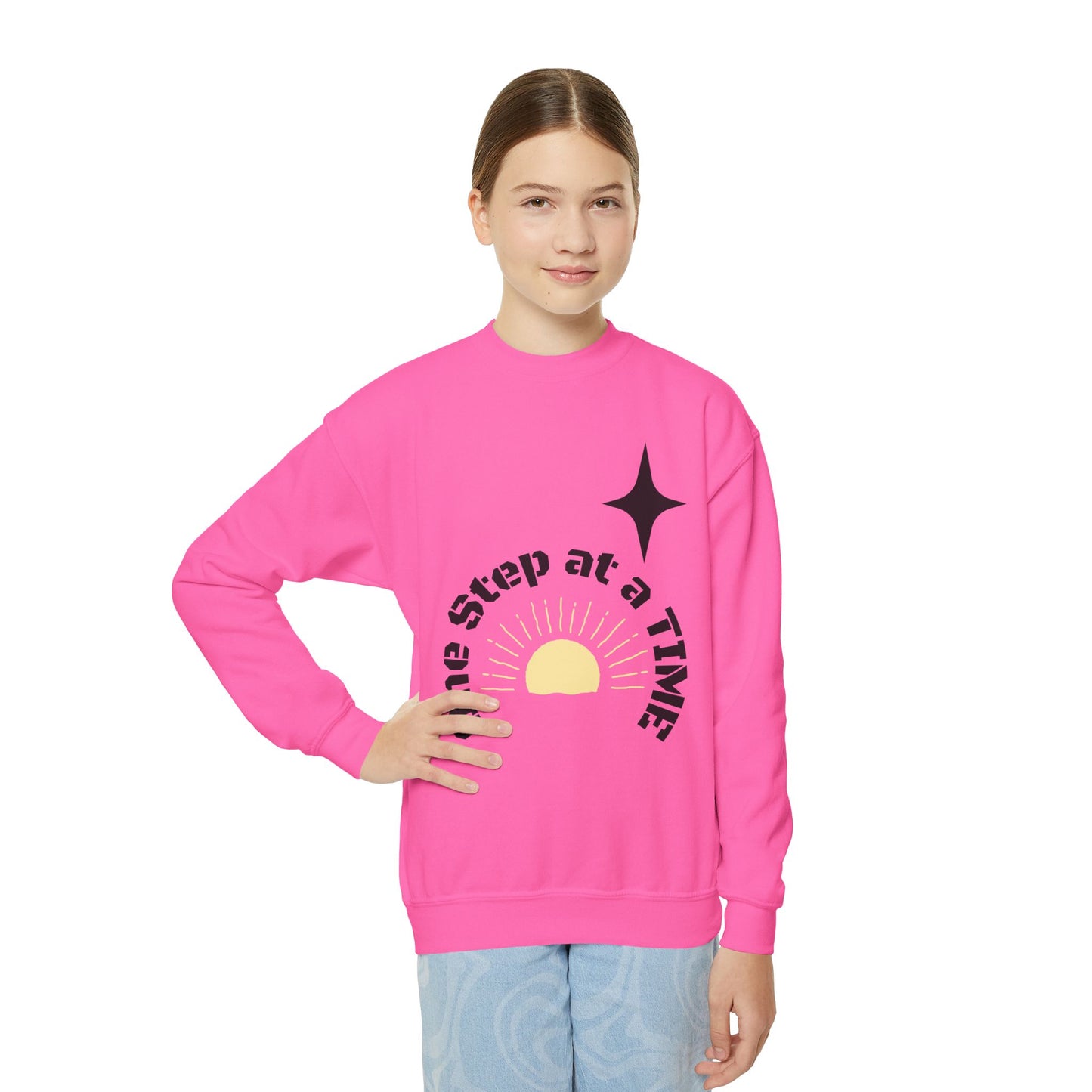 Youth Crewneck Sweatshirt — "One Step at a Time" Sunrise Graphic