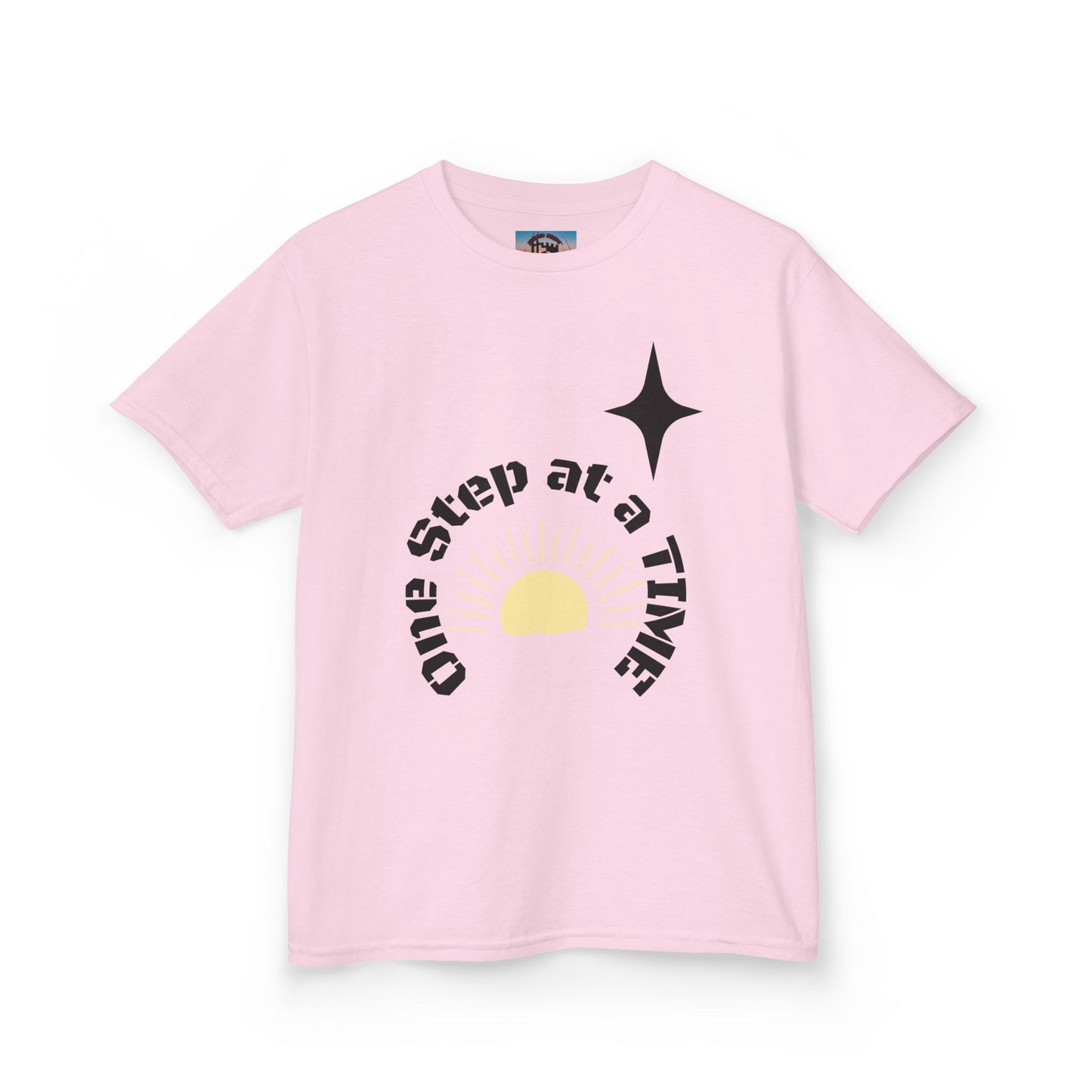 Kids Tee — “One Step at a Time” Sunrise Graphic (Positive Motivational Kids Shirt)