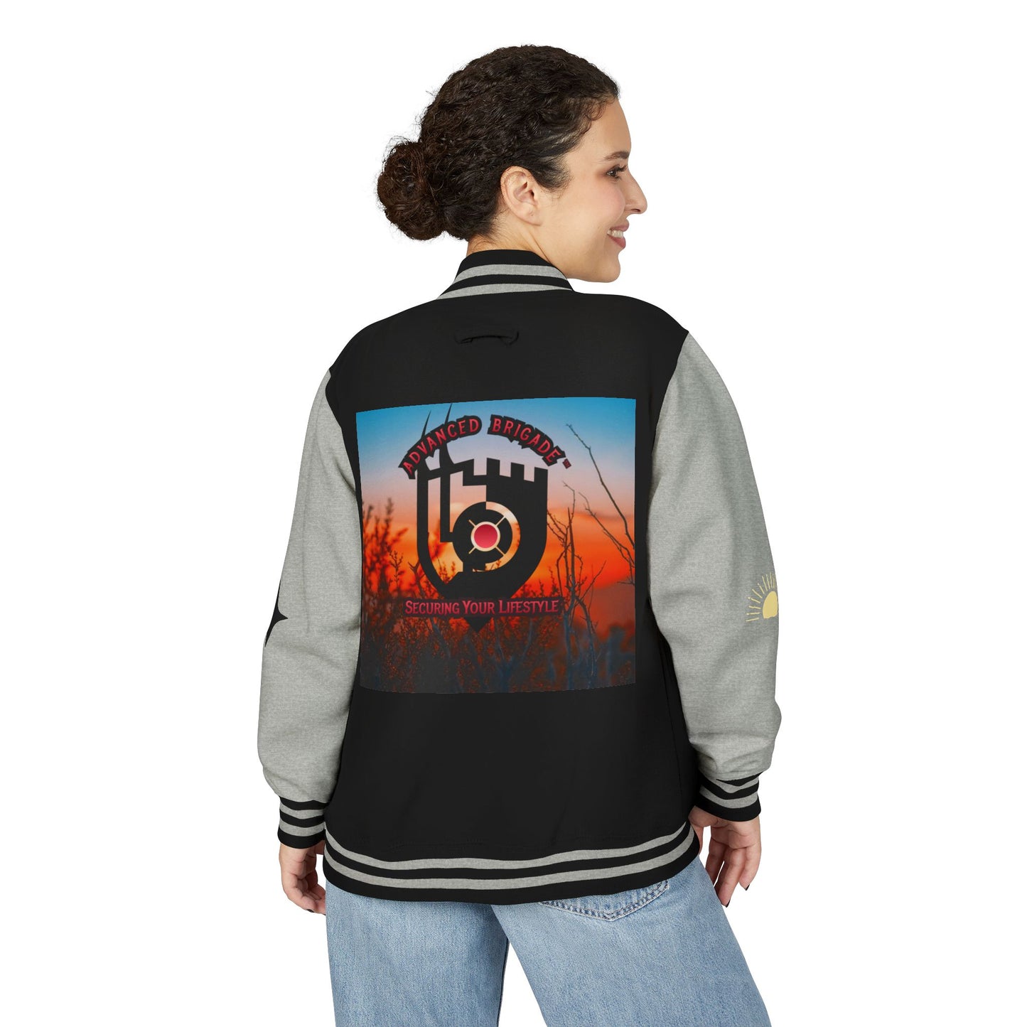 Letterman Jacket — Retro Sunset Shield Logo Varsity Jacket