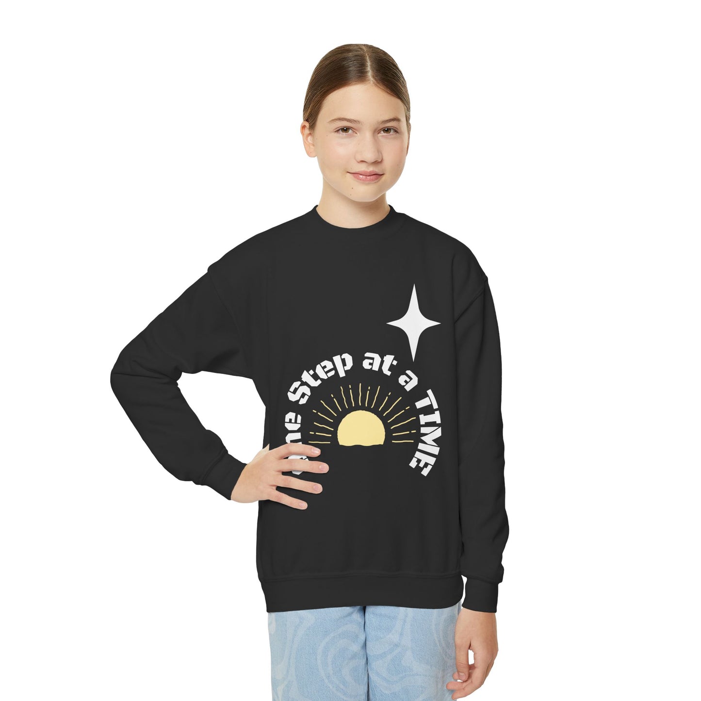 Youth Crewneck Sweatshirt — "One Step at a Time" Sunrise Graphic