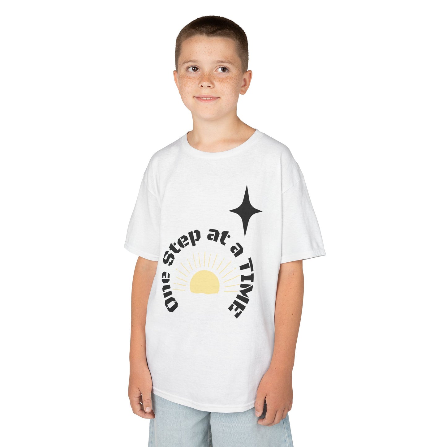 Kids Tee — “One Step at a Time” Sunrise Graphic (Positive Motivational Kids Shirt)