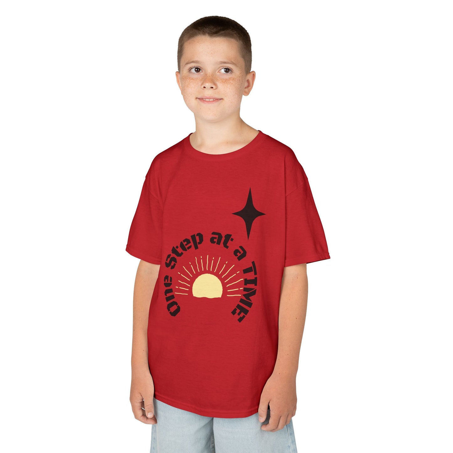 Kids Tee — “One Step at a Time” Sunrise Graphic (Positive Motivational Kids Shirt)