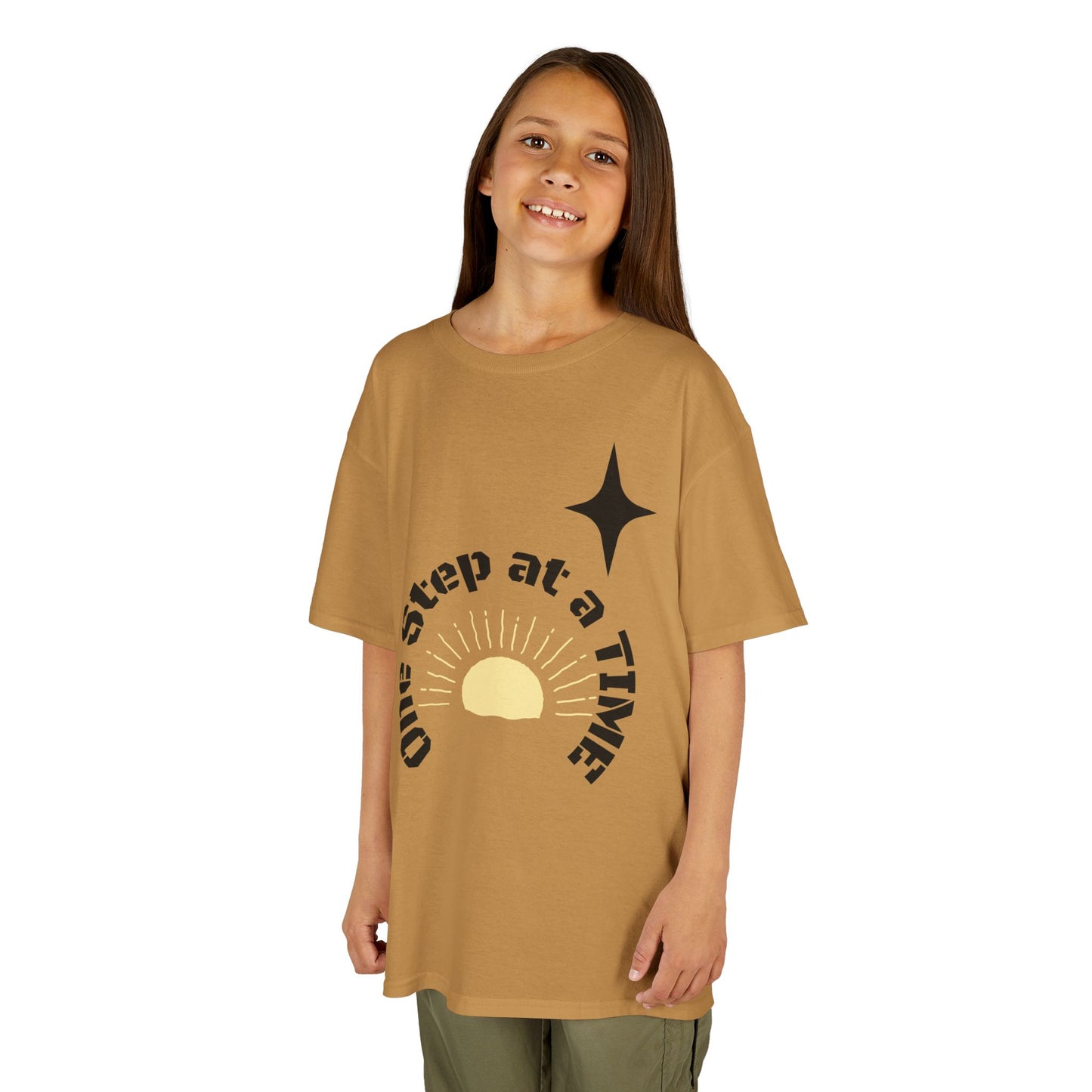 Kids Tee — “One Step at a Time” Sunrise Graphic (Positive Motivational Kids Shirt)