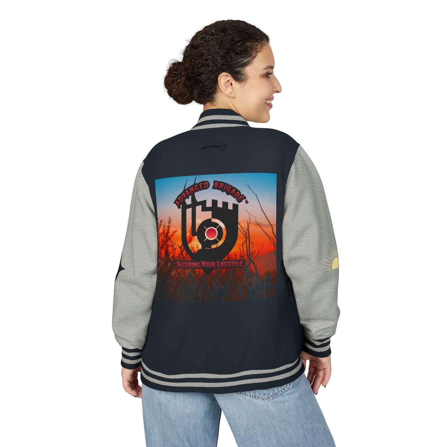Letterman Jacket — Retro Sunset Shield Logo Varsity Jacket