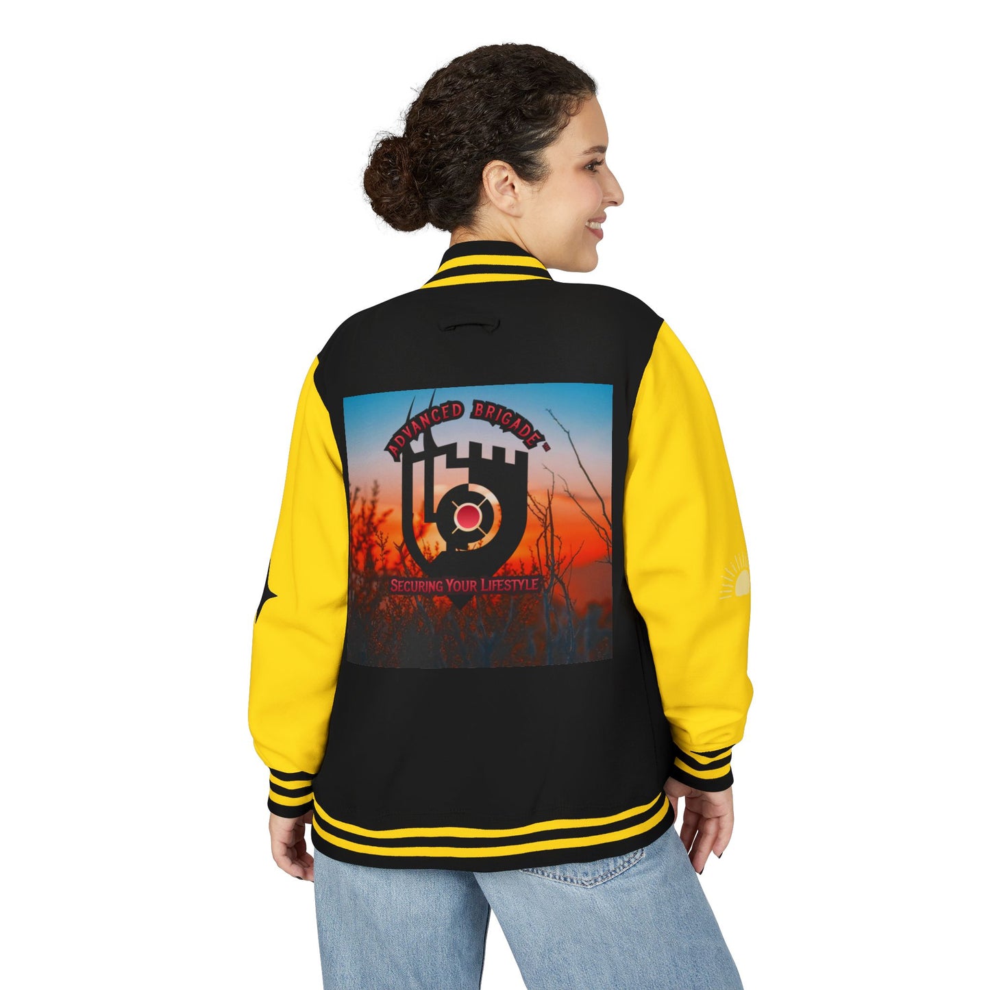 Letterman Jacket — Retro Sunset Shield Logo Varsity Jacket