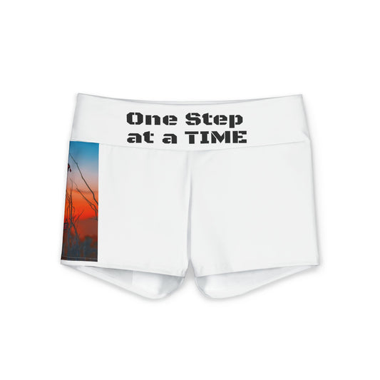 Yoga Shorts — 'One Step at a TIME' Motivational Sunset Print
